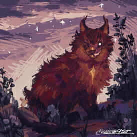 Start photo ID. A reddish maine coon sits on a rocky cliff, surrounded by dark grasses and purplish flowers. Her face is heavily scarred, with the left side exposing her teeth. She has exposed bone for her tail. The sky is a gentle lavender with soft cloud