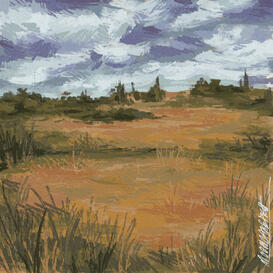 Start photo ID. Greyish blue clouds stretch over a golden meadow. There are patches of greenery amongst the yellow. In the distance, there are vague impressions of trees and grassy hills. End photo ID.