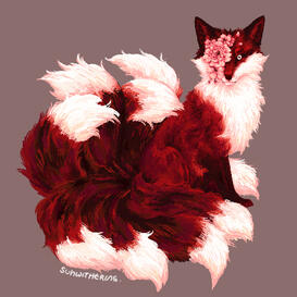 A red-furred, white-eyed nine-tailed fox with peonies covering its right eye.