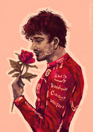 Start photo ID. Charles Leclerc in his racing suit holding a red rose to his nose. His expression is serene. The background is a pale orange and there is a light outline around his silhouette. End photo ID.